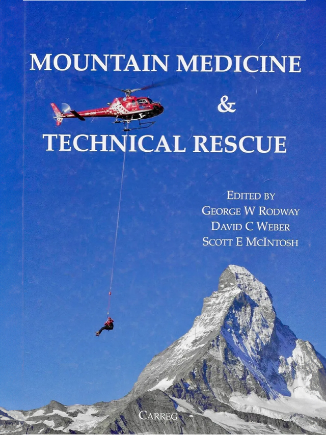 A helicopter flying over the mountains with a mountain rescue book cover.